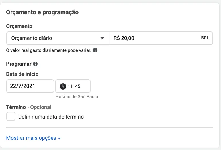 Orçamento e Programação no Facebook Ads