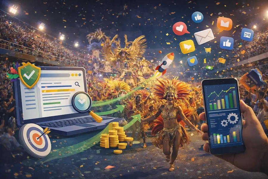 Ilustração de desfile de Carnaval em sambódromo com passistas e alegorias ao fundo, combinada com elementos de marketing digital como laptop com página de busca, gráfico de crescimento no celular, ícones de redes sociais, alvo com moeda e seta indicando aumento de resultados.