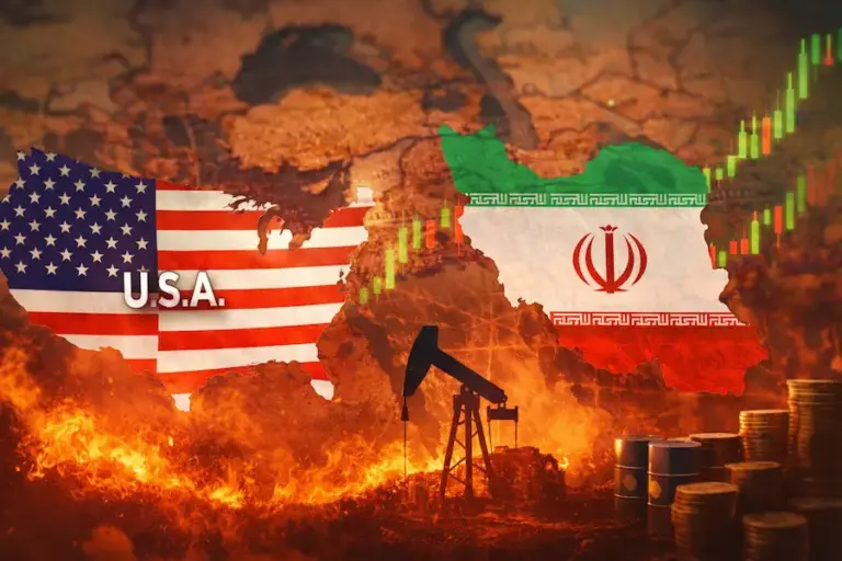 Ilustração mostrando os mapas dos Estados Unidos e do Irã com suas bandeiras sobre fundo em chamas, gráfico financeiro em alta ao fundo, bomba de petróleo e barris simbolizando impacto econômico e geopolítico do conflito.