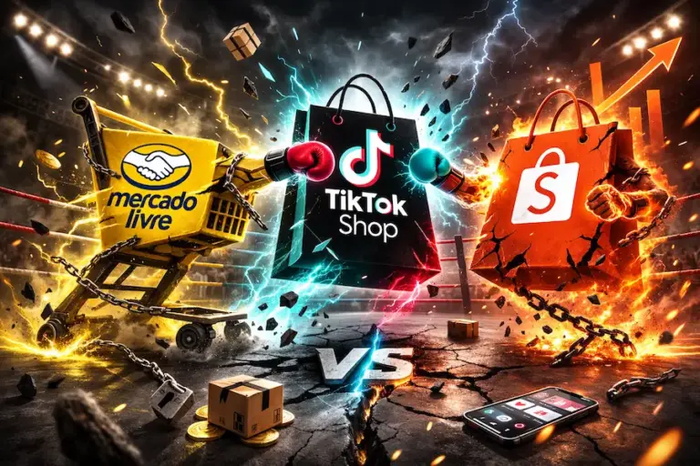 Ilustração representando competição entre TikTok Shop, Mercado Livre e Shopee no e-commerce brasileiro, simbolizando crescimento do social commerce e novas disputas de mercado.
