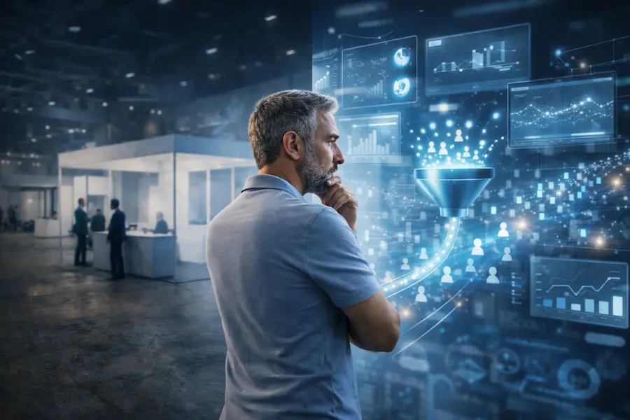 Profissional analisando funil de vendas B2B em ambiente industrial, com gráficos e dados digitais representando geração de demanda e crescimento previsível