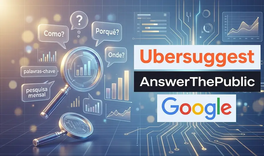 Ilustração com ferramentas de pesquisa de palavras-chave como Ubersuggest, AnswerThePublic e Google, mostrando gráficos, lupa e termos como “palavras-chave”, “pesquisa mensal” e perguntas do usuário para análise de intenção de busca