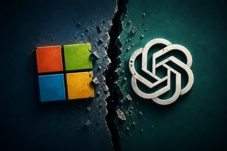 OpenAI e Microsoft separados por rachadura simbolizando fim da exclusividade e mudança estratégica no mercado de tecnologia