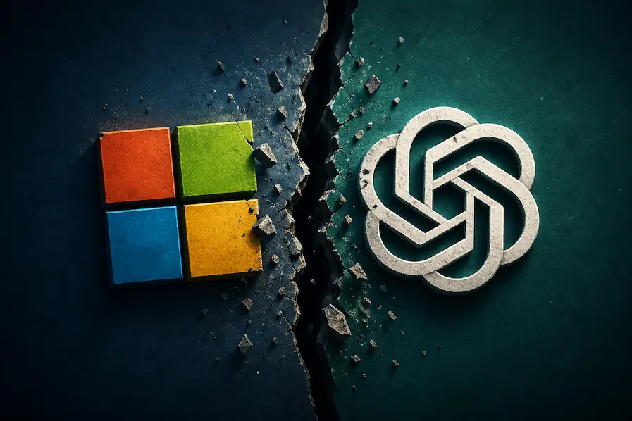 OpenAI e Microsoft separados por rachadura simbolizando fim da exclusividade e mudança estratégica no mercado de tecnologia