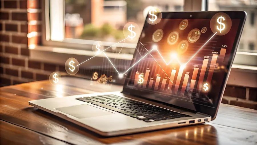 Notebook exibindo gráficos de crescimento e ícones de dinheiro, representando aumento de resultados com tráfego pago e investimento em marketing digital