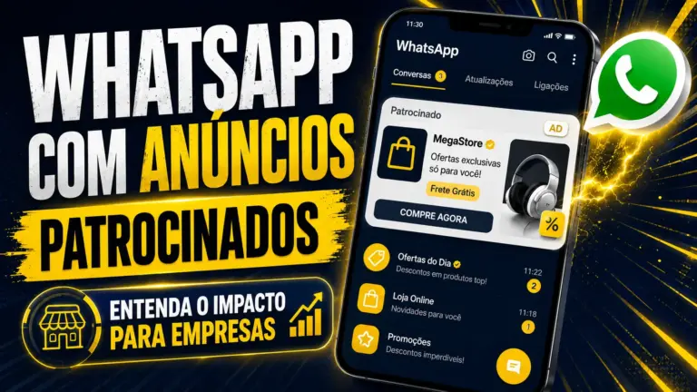 Thumbnail sobre anúncios patrocinados no WhatsApp, mostrando interface do aplicativo com publicidade integrada e destaque para impacto no marketing digital das empresas.