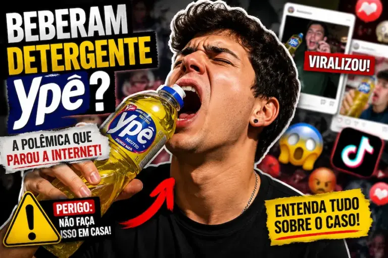 Homem simulando beber detergente Ypê em thumbnail sobre a polêmica viral nas redes sociais envolvendo vídeos no TikTok, Instagram e internet.