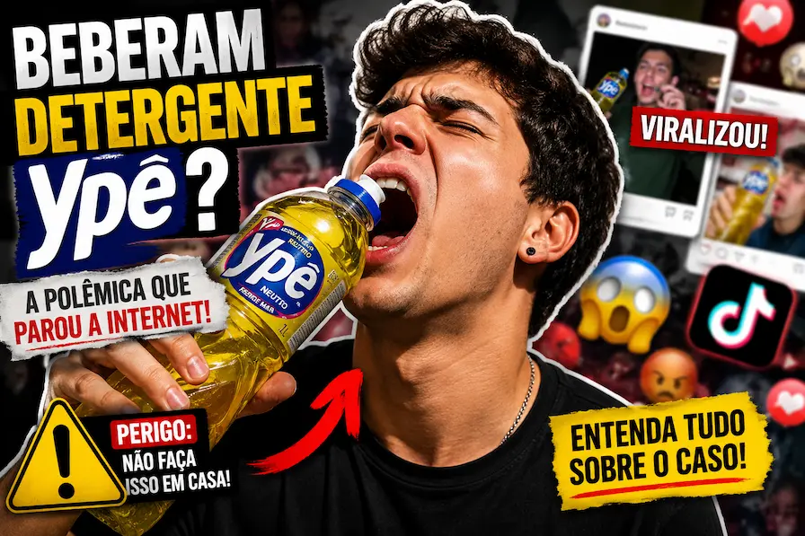 Homem simulando beber detergente Ypê em thumbnail sobre a polêmica viral nas redes sociais envolvendo vídeos no TikTok, Instagram e internet.