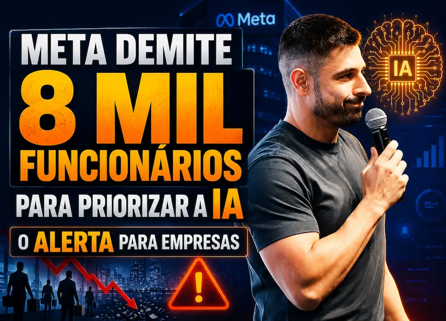 Thumbnail com o título “Meta demite 8 mil funcionários para priorizar a IA: o alerta para empresas”, mostrando um homem segurando um microfone, ao lado de elementos visuais de inteligência artificial, gráficos de desempenho, símbolo da Meta e ícones que representam demissões e mudanças estratégicas no mercado digital.