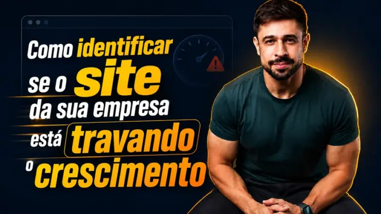 Profissional sentado ao lado do título “Como identificar se o site da sua empresa está travando o crescimento”, com ilustração de painel de desempenho e alerta, representando a análise de um site que limita a geração de oportunidades e o crescimento do negócio.