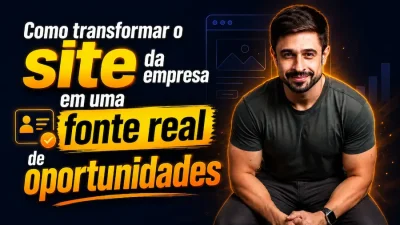 Ilustração de Giovanni ao lado do texto “Como transformar o site da empresa em uma fonte real de oportunidades”, com elementos gráficos relacionados a site e geração de leads.