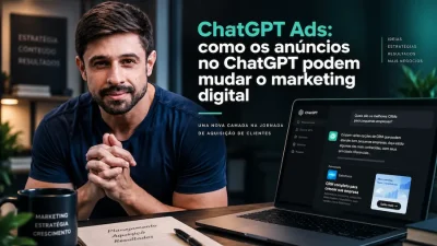 Giovanni Ballarin ao lado de um notebook com interface do ChatGPT e anúncio patrocinado, representando como os ChatGPT Ads podem mudar o marketing digital.
