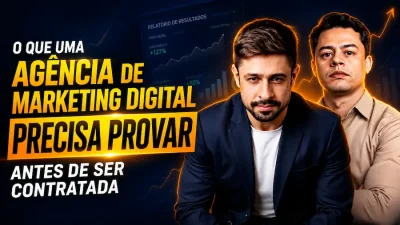 Arte com dois profissionais em ambiente corporativo e gráfico de resultados ao fundo, destacando os critérios que uma agência de marketing digital deve provar antes de ser contratada.