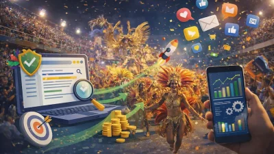 Ilustração de desfile de Carnaval em sambódromo com passistas e alegorias ao fundo, combinada com elementos de marketing digital como laptop com página de busca, gráfico de crescimento no celular, ícones de redes sociais, alvo com moeda e seta indicando aumento de resultados.