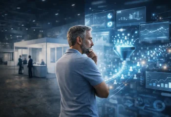 Profissional analisando funil de vendas B2B em ambiente industrial, com gráficos e dados digitais representando geração de demanda e crescimento previsível