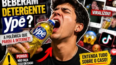 Homem simulando beber detergente Ypê em thumbnail sobre a polêmica viral nas redes sociais envolvendo vídeos no TikTok, Instagram e internet.
