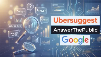 Ilustração com ferramentas de pesquisa de palavras-chave como Ubersuggest, AnswerThePublic e Google, mostrando gráficos, lupa e termos como “palavras-chave”, “pesquisa mensal” e perguntas do usuário para análise de intenção de busca