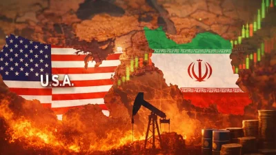 Ilustração mostrando os mapas dos Estados Unidos e do Irã com suas bandeiras sobre fundo em chamas, gráfico financeiro em alta ao fundo, bomba de petróleo e barris simbolizando impacto econômico e geopolítico do conflito.