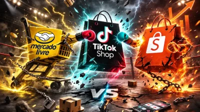 Ilustração representando competição entre TikTok Shop, Mercado Livre e Shopee no e-commerce brasileiro, simbolizando crescimento do social commerce e novas disputas de mercado.