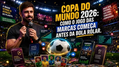 Thumb sobre Copa do Mundo 2026 e marketing esportivo, com estádio lotado ao fundo, bola de futebol, álbum e figurinhas colecionáveis, gráficos de crescimento, telas digitais e palestrante destacando como grandes marcas constroem presença antes do início do torneio.