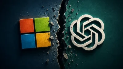 OpenAI e Microsoft separados por rachadura simbolizando fim da exclusividade e mudança estratégica no mercado de tecnologia